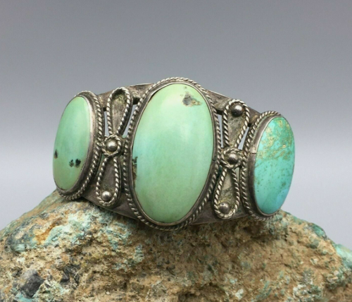 Nice! 1930s Era, Hefty, Vintage, Three Stone Turquoise Cuff Bracelet