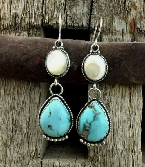 Turquoise teardrop and mother of pearl earrings