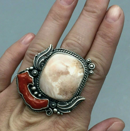 Red Coral and Pink Rhodochrosite Ring