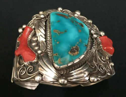 Turquoise and Coral Sterling Silver Cuff Bracelet