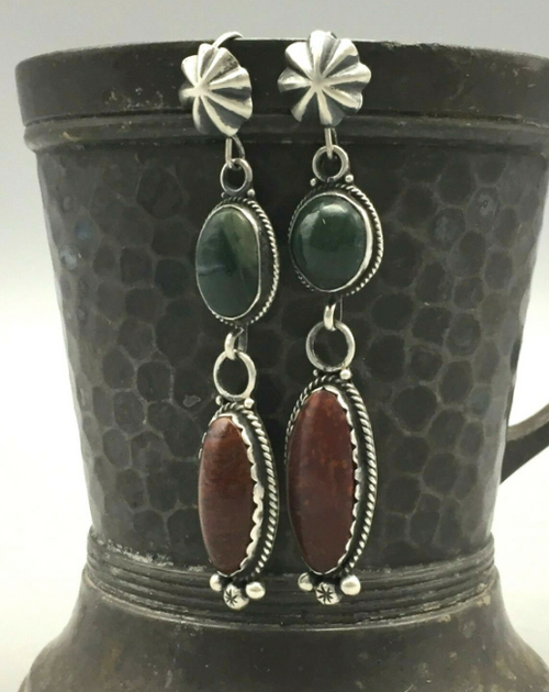 Red jasper and green stone dangle earrings