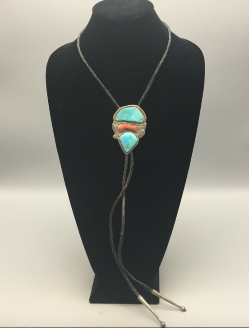 Carved turquoise and coral bolo tie