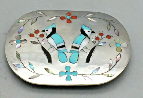 A Vintage Zuni Inlay Belt Buckle with Blue Jays