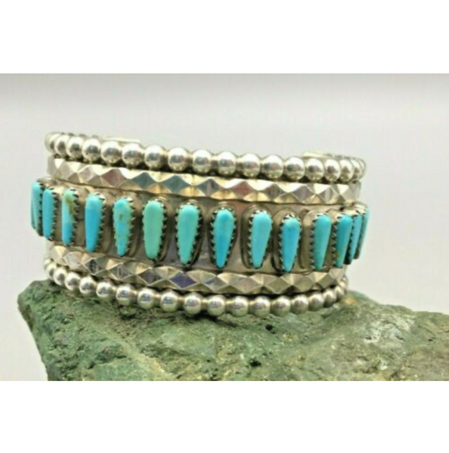 cuff bracelet, turquoise, petit point, sterling silver, signed, T Lowe