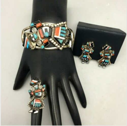 Zuni, cuff bracelet set, ring, earrings, Rainbow Man, sterling silver, vintage, turquoise, coral, mother of pearl