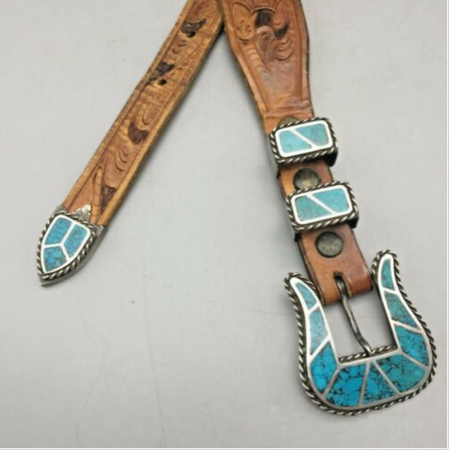 turquoise chip inlay ranger buckle set, brown tooled leather belt
