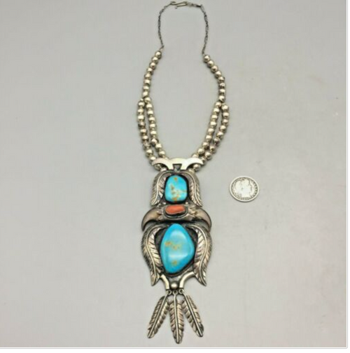 turquoise, coral, claw, sterling silver, necklace, hallmarked
