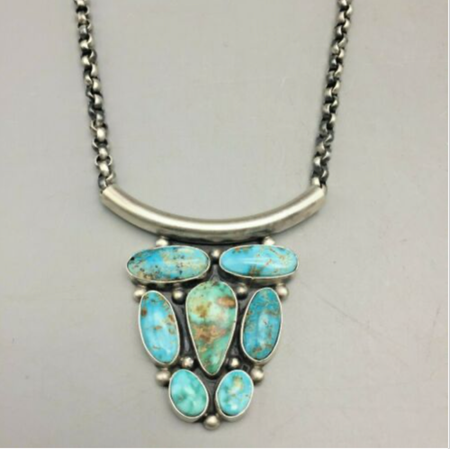 turquoise, cluster necklace, sterling silver, hallmarked, Ray Delgarito, Navajo.