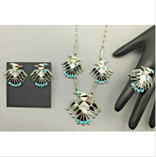 Zuni,  inlay,  thunder bird necklace set, earrings,  ring,  shell, black onyx, coral,  turquoise, Hallmarked AW, Zuni.