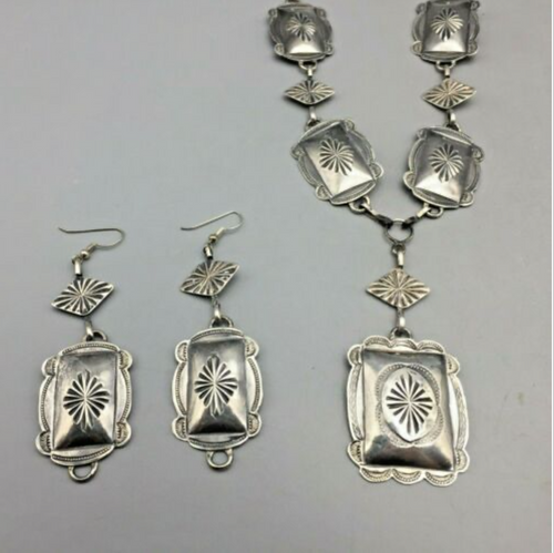 vintage,  concho belt, necklace and earring set, sterling silver, repousse