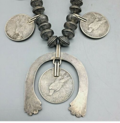 Unique Silver Coin Squash Blossom Necklace
