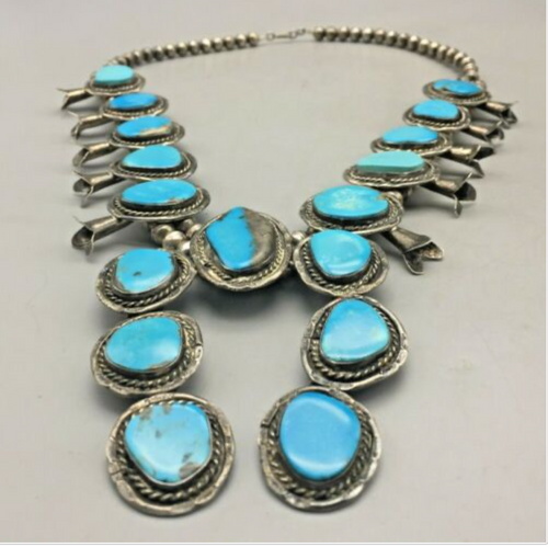 squash blossom necklace, turquoise, sterling silver, vintage