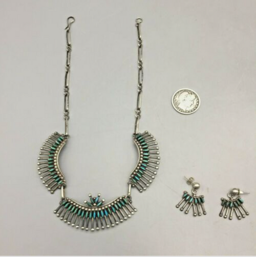 Zuni, needlepoint, turquoise, sterling silver, hallmarked, necklace, earrings, Eleanor Weeka, vintage