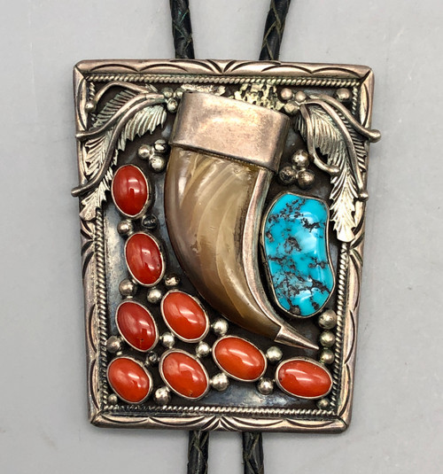 Coral and Turquoise and Claw Bolo Tie