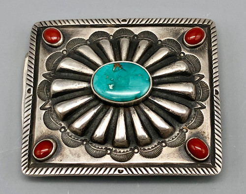 Exquisite Heavy Turquoise and Coral Coin Silver Belt Buckle.
