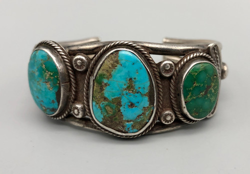 Outstanding Mid Century Three Stone Turquoise and Sterling Silver Bracelet