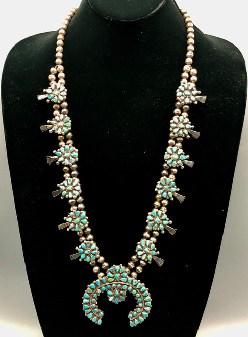Sensational 1950s Turquoise Cluster Squash Blossom Necklace
