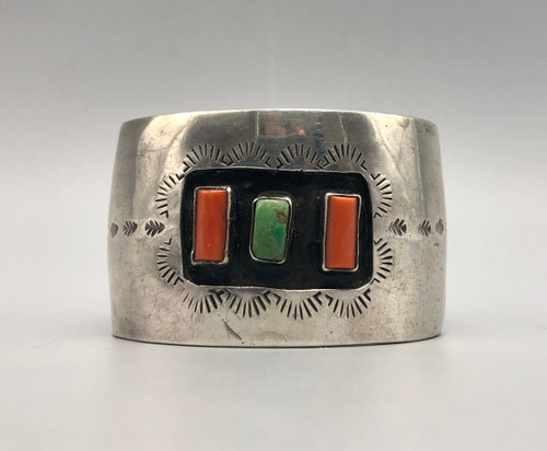 Turquoise and Coral Wide Sterling Silver Cuff