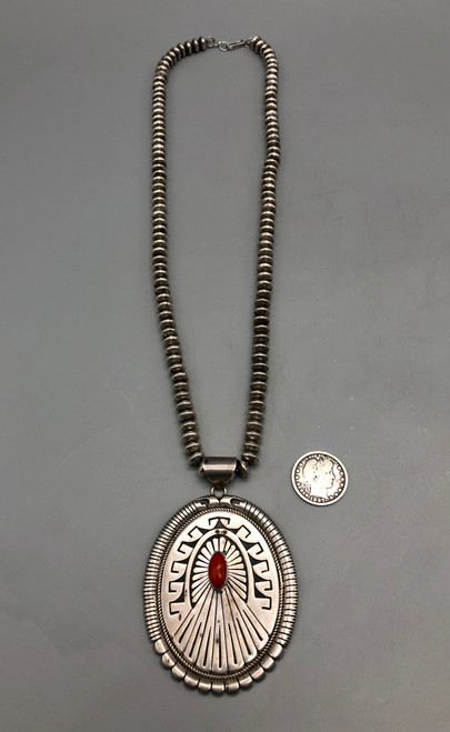 Stylish Coral and Sterling Silver Pendant with Stamped Navajo Pearls