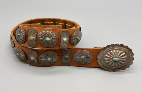 Vintage concho belt, butterflies, hand stamped designs, turquoise, brown leather