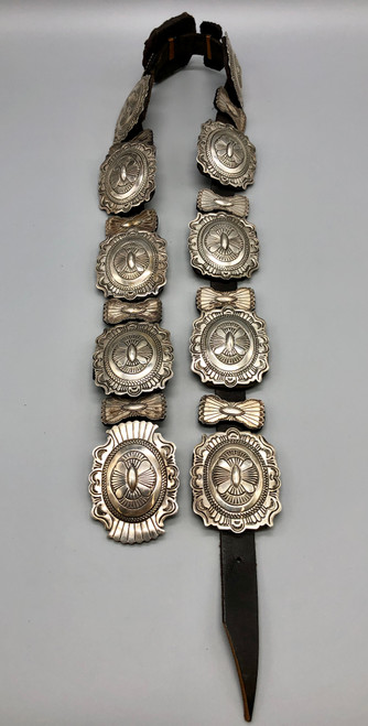 Sterling silver concho belt, oval and butterfly conchos, deep stampwork, leather backings