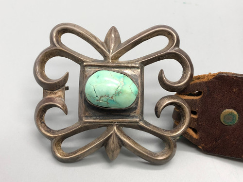 Vintage, turquoise and sandcast concho, natural turquoise, hand stamped designs, brown leather belt