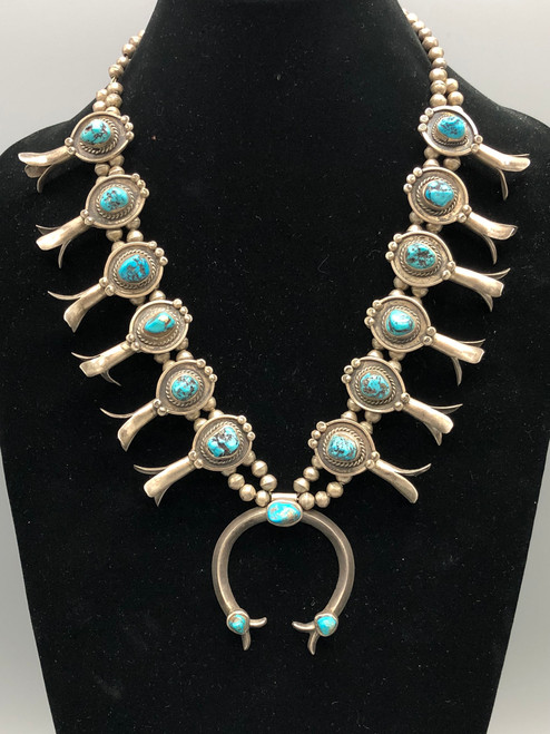 vintage turquoise and sterling silver squash blossom necklace, nuggets, handmade beads, silverwork