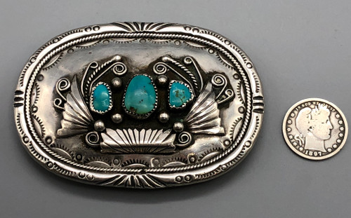 vintage turquoise and sterling silver belt buckle, turquoise cabochons in handmade sawtooth bezels, applique, hand stamped designs