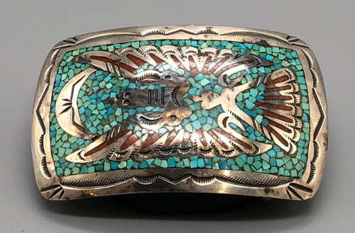 vintage chip inlay belt by Gibson Gene, turquoise, coral, bird theme, sterling silver