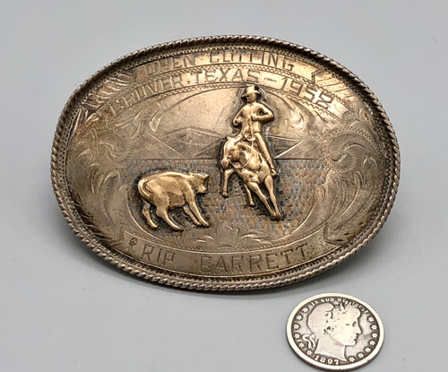 1958 trophy belt buckle for cutting, cowboy and steer, applique, stamp work