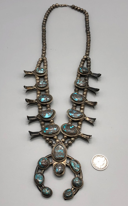 vintage Persian turquoise squash blossom necklace, Persian turquoise cabochons, classic naja, twisted wire accents