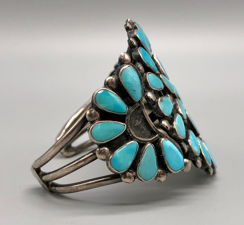 vintage Navajo turquoise cluster bracelet, petit point turquoise cabochons, sterling silver, three wire terminal band