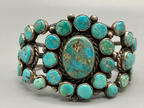natural turquoise cluster bracelet, old, natural turquoise with three stones wrapped in twisted wire
