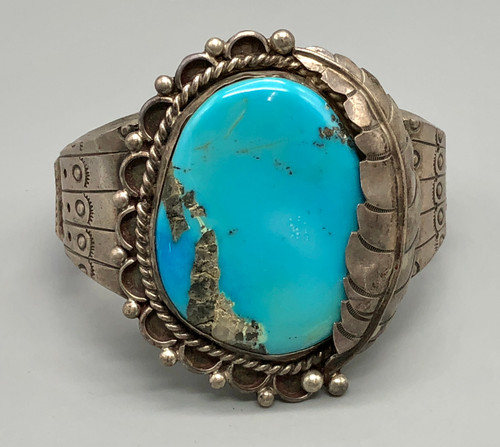 circa 1970s turquoise and sterling silver bracelet, magnificent turquoise cabochon, Kingman turquoise, leaf applique and twisted wire, hoops, and dots