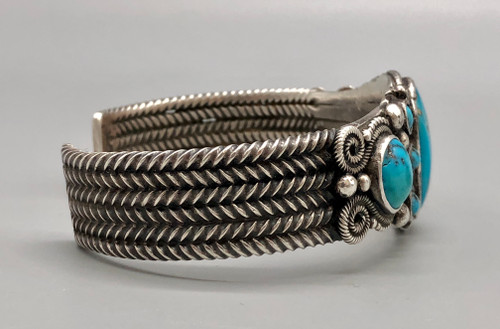 heavy handmade vintage bracelet, turquoise cabochon, Morenci mine in Arizona, unusual matrix of irregular quartz and pyrite