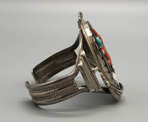 Zuni Mudhead inlay bracelet, inlay of coral, turquoise, mother of pearl and onyx, twisted wire, dots