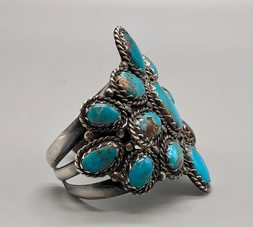 Bisbee turquoise cluster bracelet, sterling silver, turquoise cabochons in handmade bezels, twisted wire, and sterling silver dots, three wire terminal