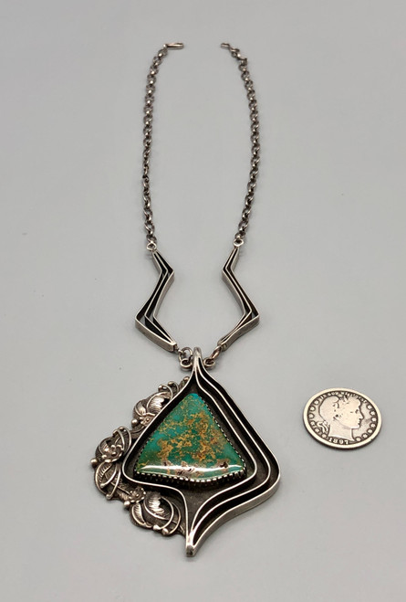 sterling silver and turquoise necklace, phenomenal pendant with great stylized line designs, Royston Turquoise Mine, applique