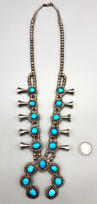 sleeping beauty turquoise squash blossom and earring set, earrings match, cabochons in sawtooth bezels, twisted wire, hand stamped designs