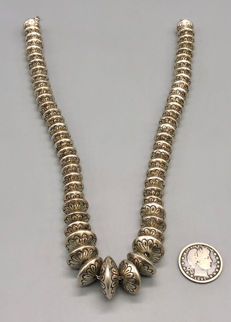 vintage disc shaped bead necklace, 61 gorgeous disc shaped beads all with detailed hand stamped designs, sterling silver
