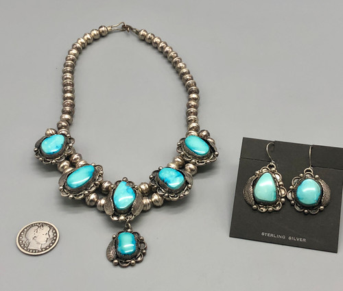 vintage turquoise cabochon necklace and earring set, six stunning turquoise cabochons, blue hue, silverwork