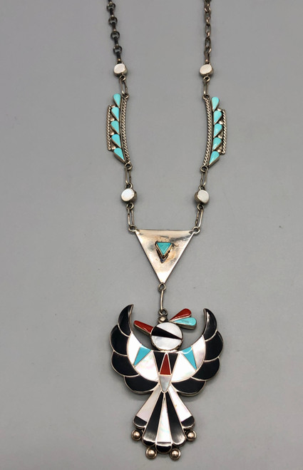 thunderbird theme inlay necklace, turquoise, mother of pearl, coral, and onyx, silver accents with lovely turquoise and mother of pearl