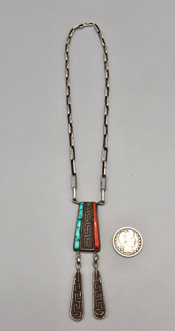 wonderful coral and turquoise tufa cast necklace by a well-known jewelry artist, tufa cast pendant with turquoise and coral cabochons
