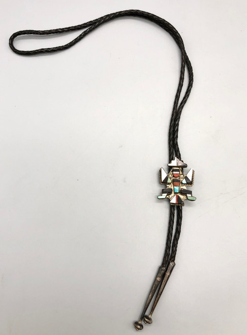 Knifewing theme inlay bolo tie, mother of pearl, onyx, turquoise, and coral, black leather cord with sterling silver tips