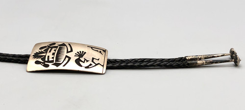 Kokopelli theme sterling silver overlay bolo tie, well done stippling technique and a darkened silver background