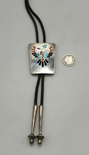 thunderbird theme inlay bolo tie, inlay of turquoise, coral, mother of pearl, and onyx, braided black leather cord
