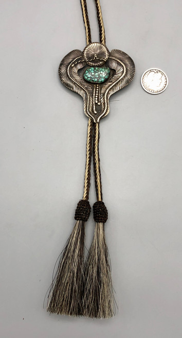 sterling silver and turquoise bolo with horsehair cord, silverwork, silver applique,  hand braided horsehair cord