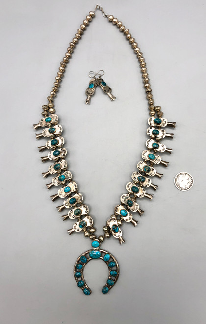 vintage Box Bow Style squash blossom necklace with earrings, Cowboys & Indians Magazine, four petal blossoms, handmade beads