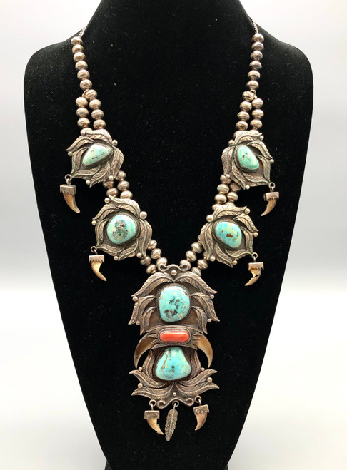 vintage bear claw, turquoise, and coral necklace, Cowboys & Indians Magazine, silverwork of twister wire, dots and appliqué