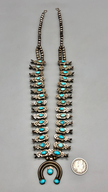 handmade 1930s-1940s box bow squash blossom necklace, turquoise cabochon, handmade beads, dainty, foxtail wire